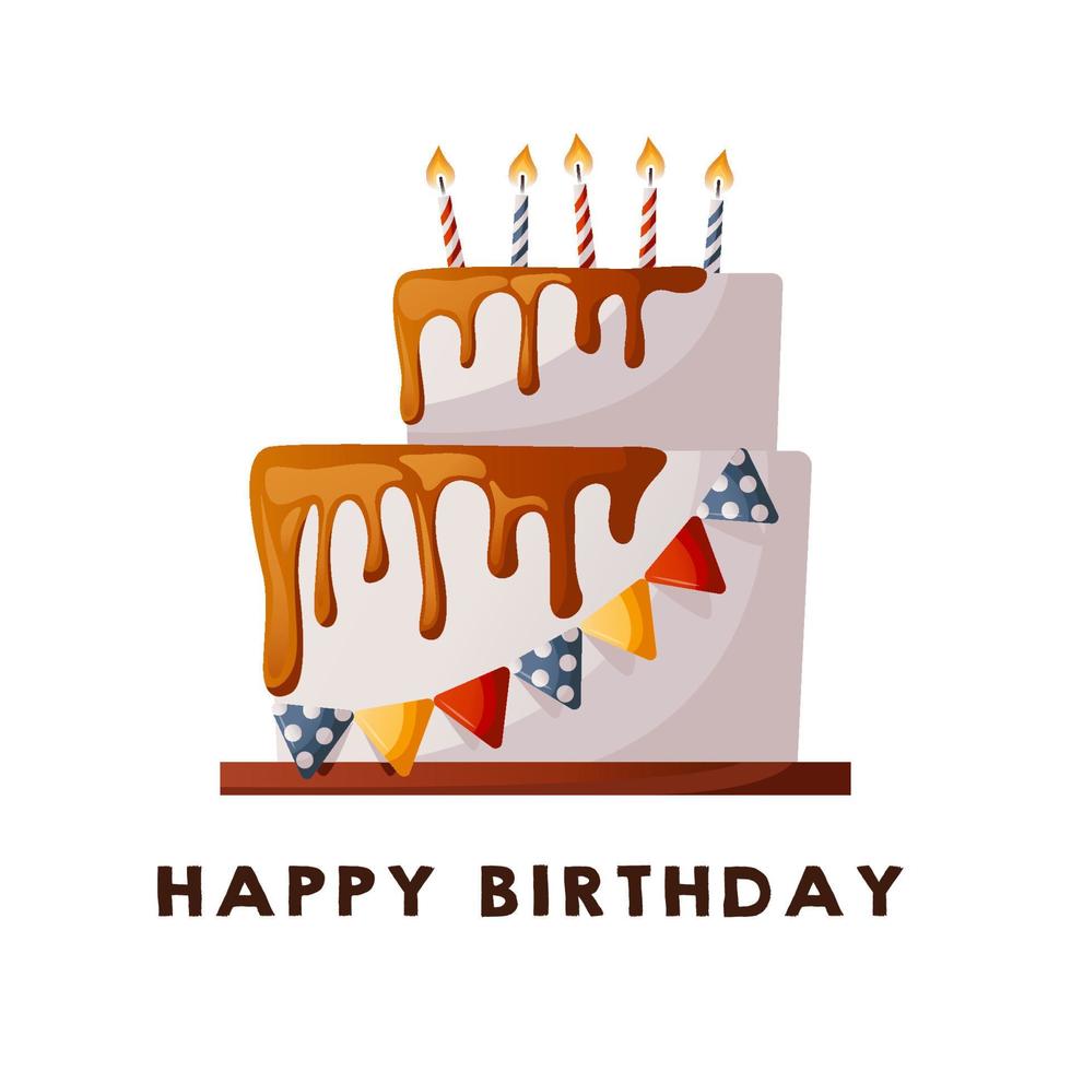Birthday party card with chocolate cake and candles. Happy Birthday handwritten wishes lettering. Celebration cake card. Postcard, card. cover, invitation template. vector