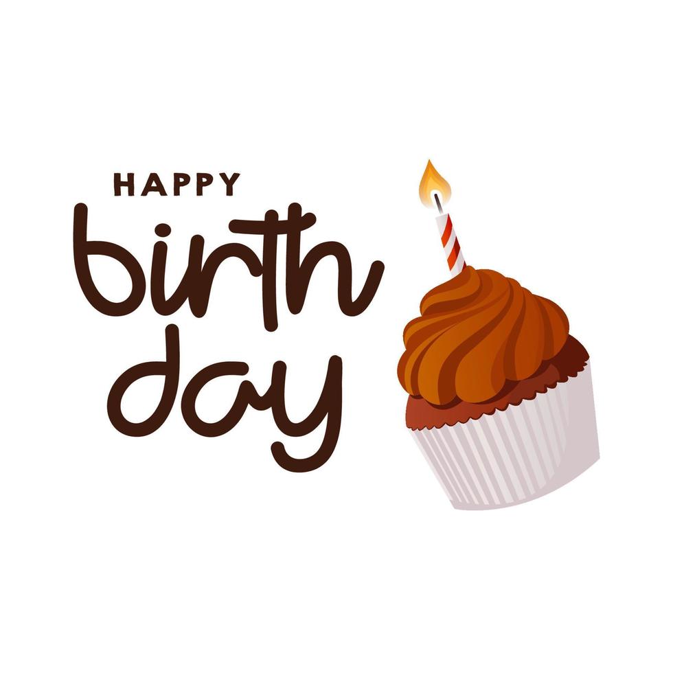 Birthday party card with chocolate cupcake and candles. Happy Birthday handwritten wishes lettering. Celebration cake card. Postcard, card. cover, invitation template. vector