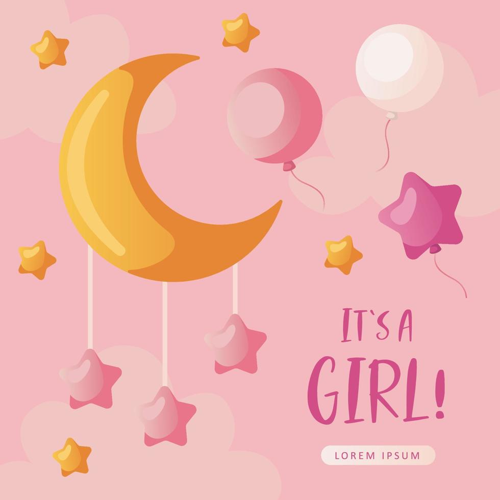 Baby shower invitation with boho moon, stars, balloons and clouds on pink. Lettering It's a girl. Hello baby celebration, holiday, event. Banner, flyer. vector