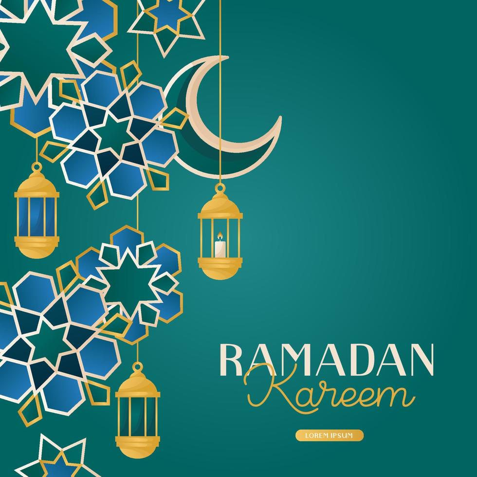 Ramadan Kareem card with moon crescent, traditional lanterns. Invitations with islamic geometric patterns, arabesque. Glorious month of muslim year, holy holiday. Banner, flyer, advertising. vector