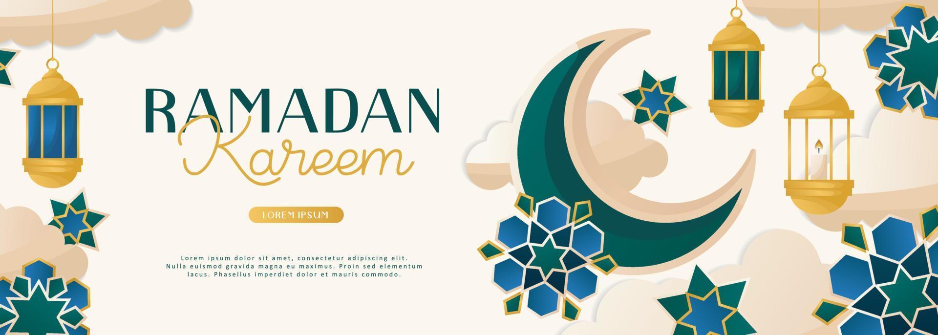 Ramadan Kareem card with moon crescent, traditional lanterns. Invitations with islamic geometric patterns, arabesque. Glorious month of muslim year, holy holiday. Banner, flyer, advertising. vector