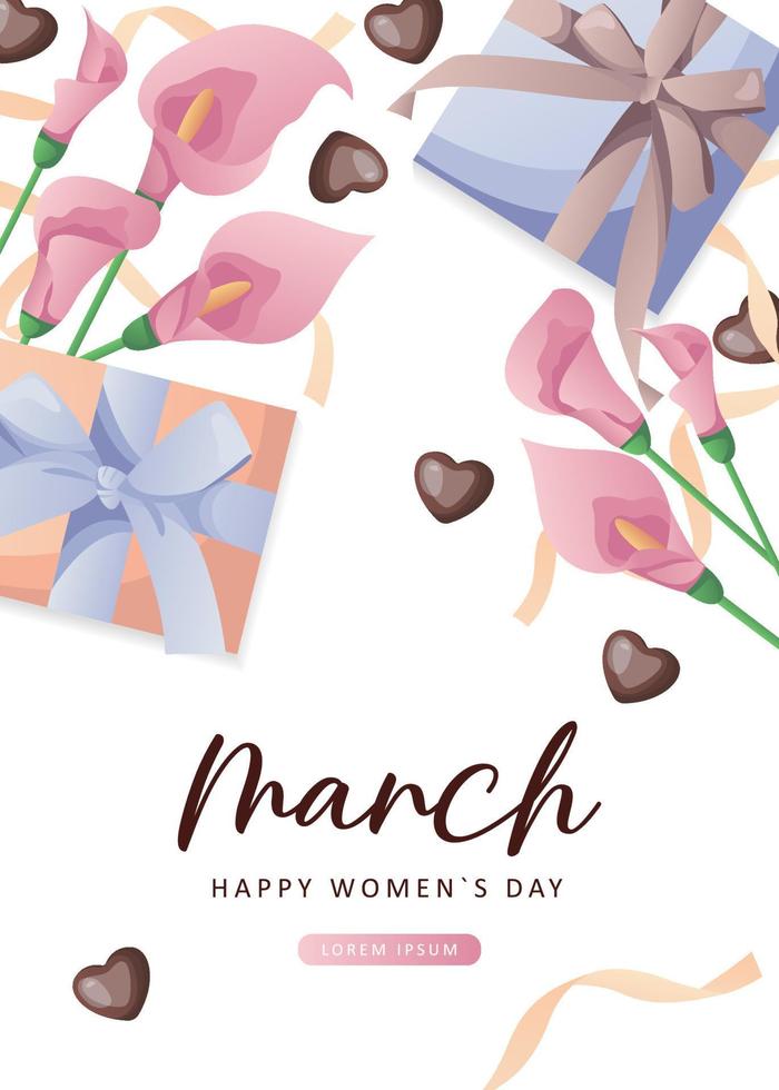 International Women's Day, 8 March banner design with number eight, pink calla lilies, chocolate hearts, gifts, ribbons. Romantic floral Mother's Day design for greeting card, poster, postcard, flyer. vector
