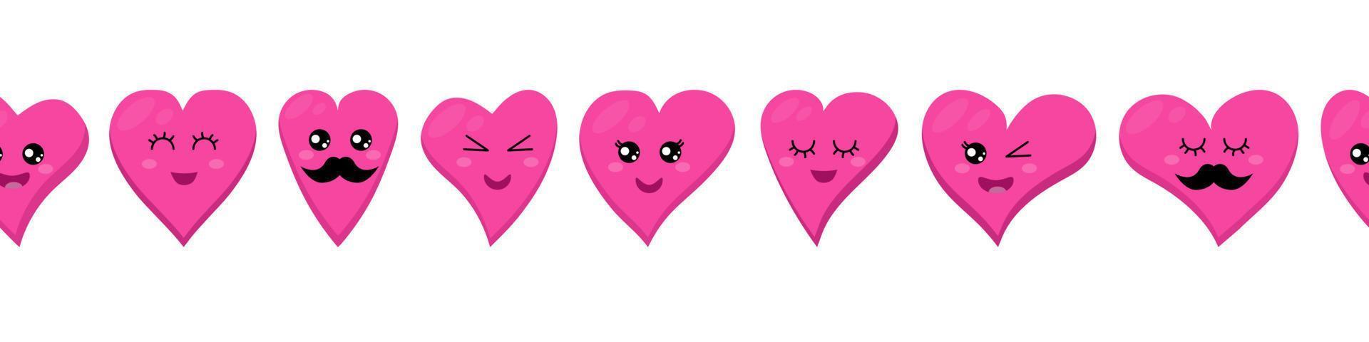 Seamless Hearts border. Repeating funny happy heart emoticons, love emoji pattern. Repeating Valentines design. Use for banner, trim, ribbon vector