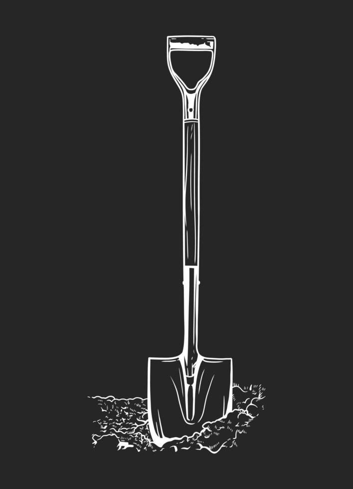 Shovel with a wooden handle. Bayonet shovel. Spade stuck into the ground. Vector illustration on black background