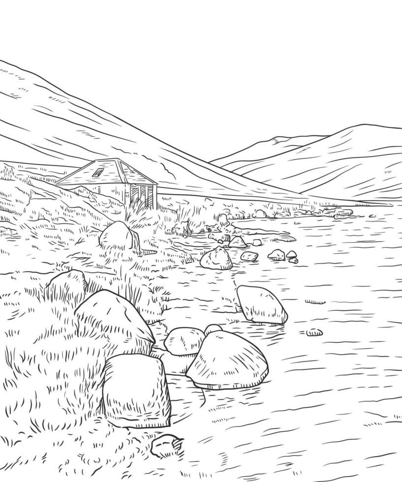 Mountain scenery with river side boat house, hand drawn vector drawing