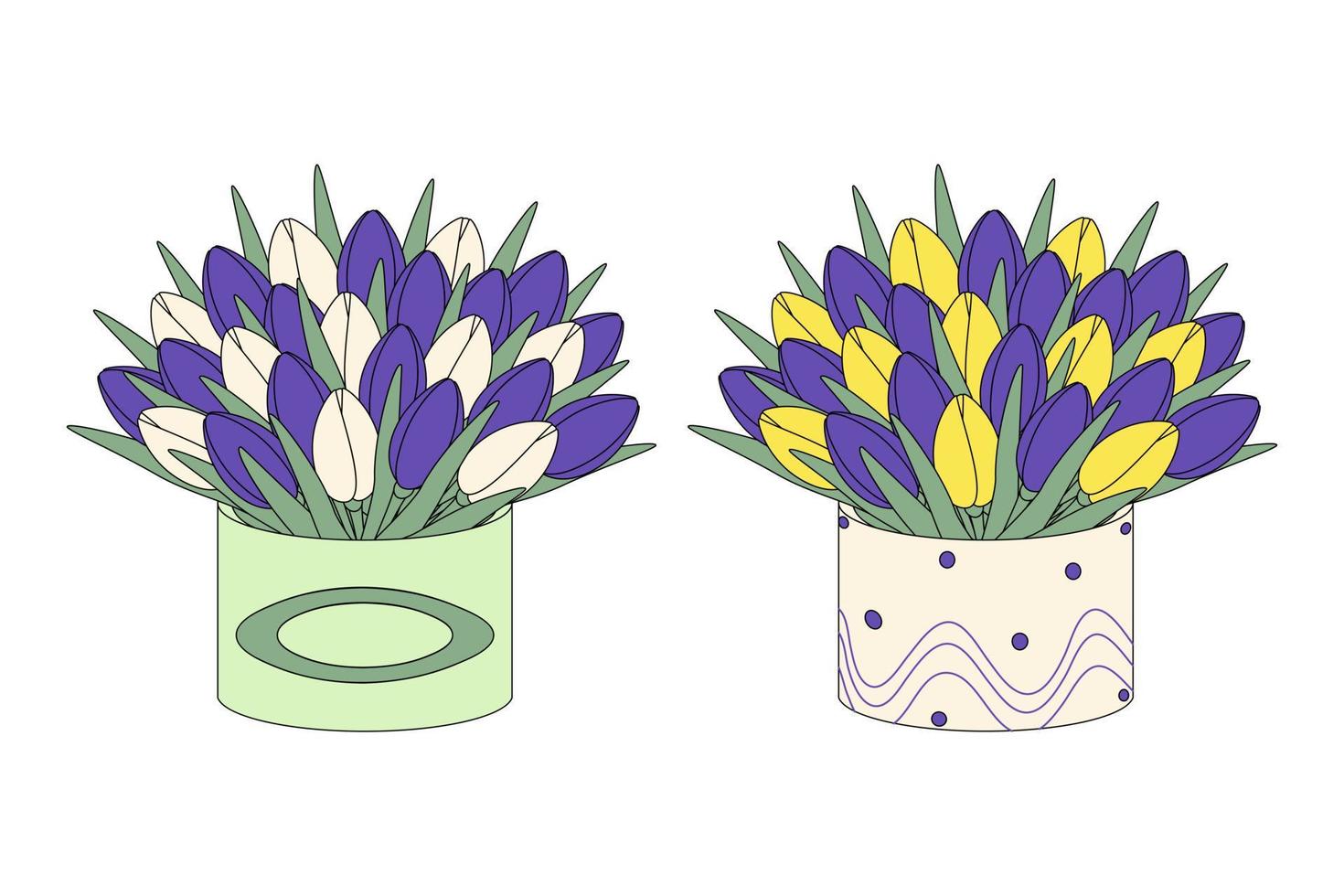 conjunto de 2 gran ramo para celebración de coloridos tulipanes en caja en estilo de dibujos animados en tonos de moda. vector