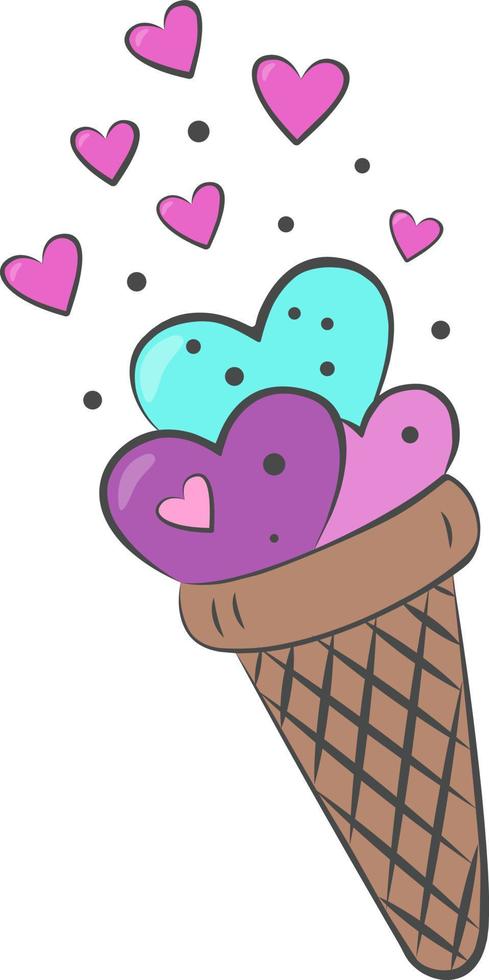 Delicious multicolored ice cream in a waffle cone and hearts, highlighted on a white background. Vector illustration for web design or printing. valentine's day.