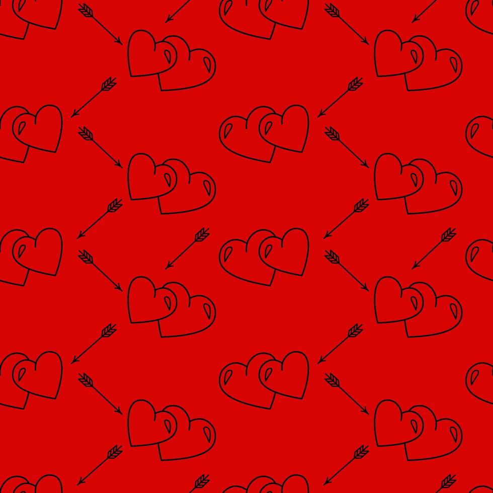 Vector pattern with hearts and arrows. Hearts and arrows on a red background. Vector seamless pattern.