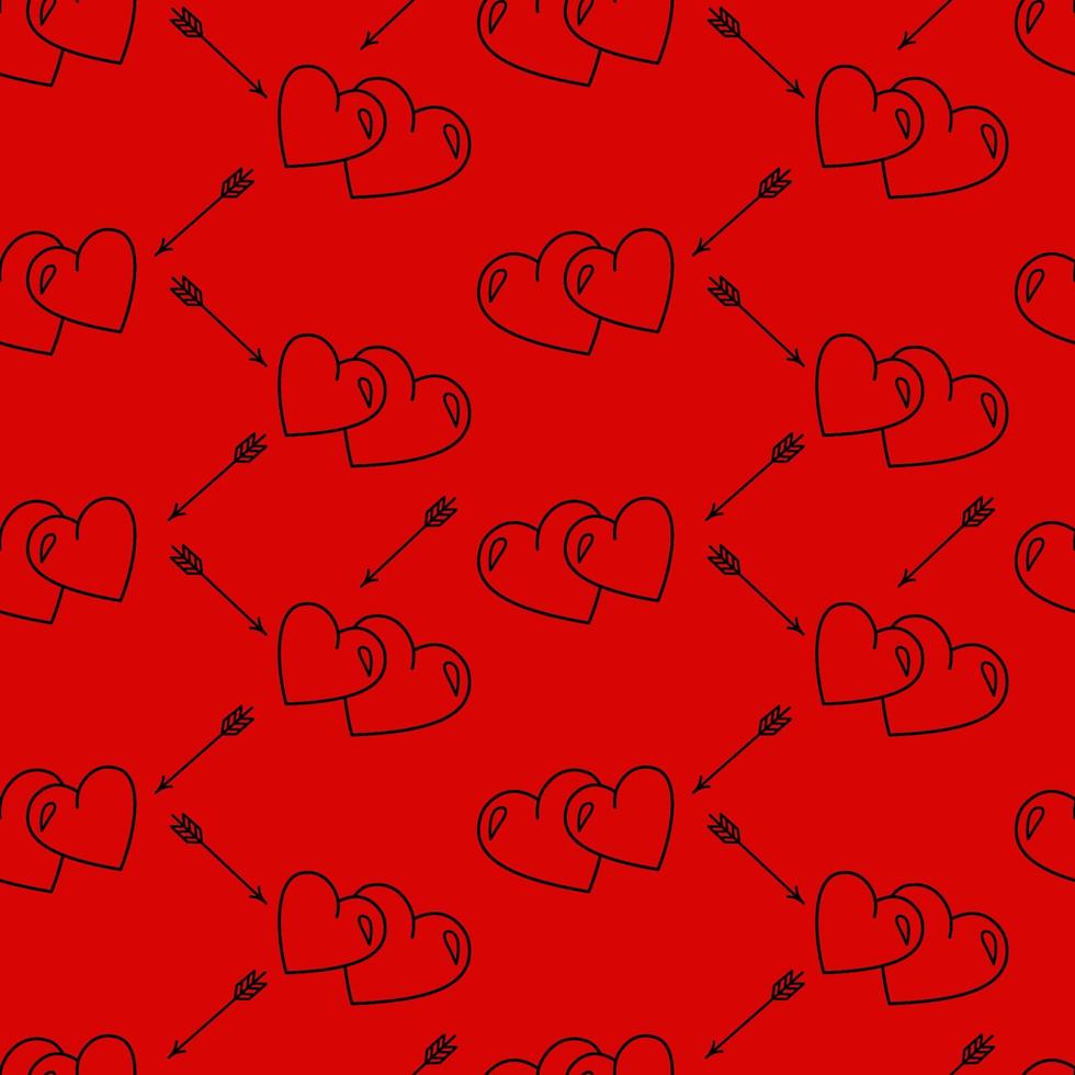 Vector pattern with hearts and arrows. Hearts and arrows on a red background. Vector seamless pattern.