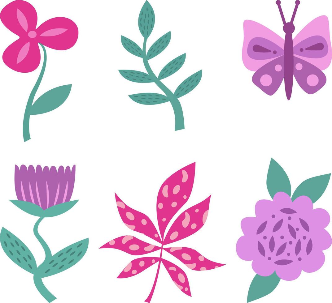 A set of stylized colors highlighted on a white background. Vector flowers in cartoon style, for greetings, weddings, flower design, web design.