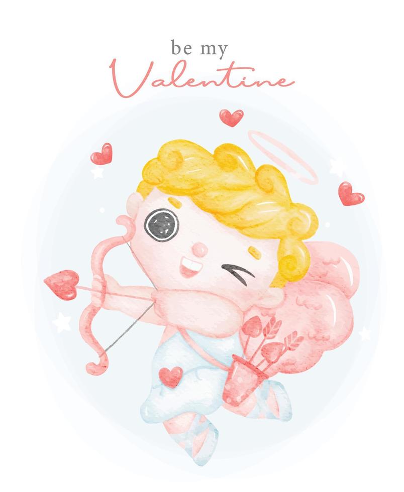 linda acuarela feliz sonrisa san valentín cupido niño, cabello rizado rubio disparando arco y flecha, sé mi personaje de dibujos animados de san valentín pintura a mano ilustración vectorial vector