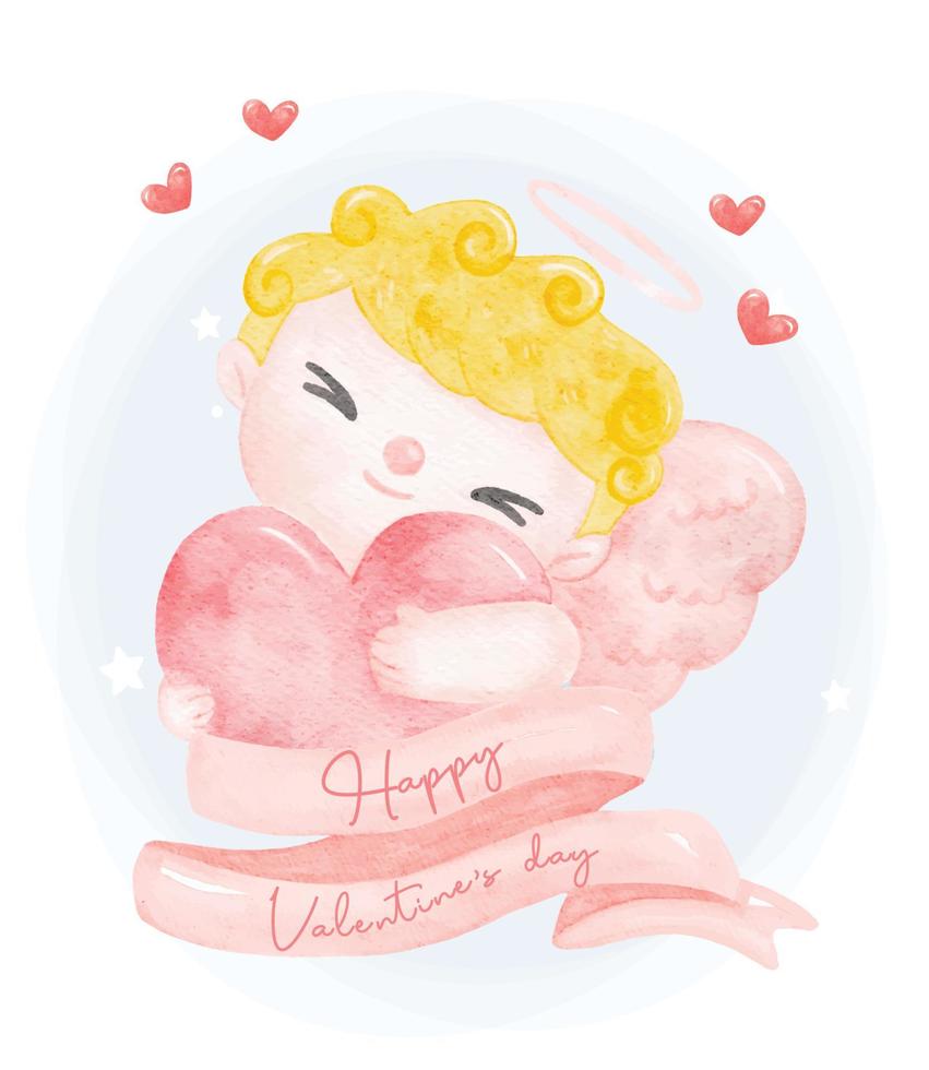 cuco acuarela feliz sonrisa valentín cupido chico rubio pelo rizado abrazo grande rojo corazón feliz día de san valentín listón pancarta dibujos animados carácteres mano pintura ilustración vector