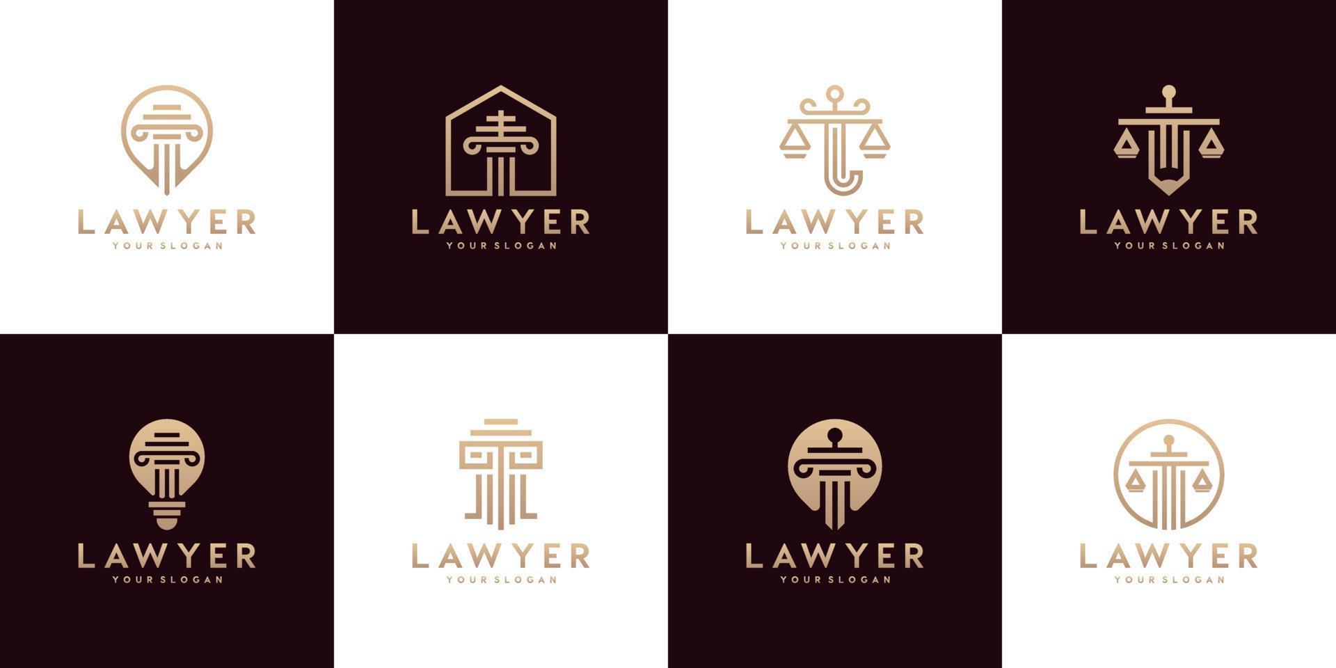 set of Justice law symbols law office, law firm, attorney services, luxury logo design templates vector