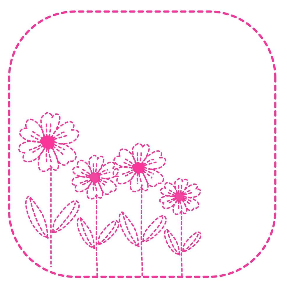 Doodle pink stitch line flowers frame note pad vector