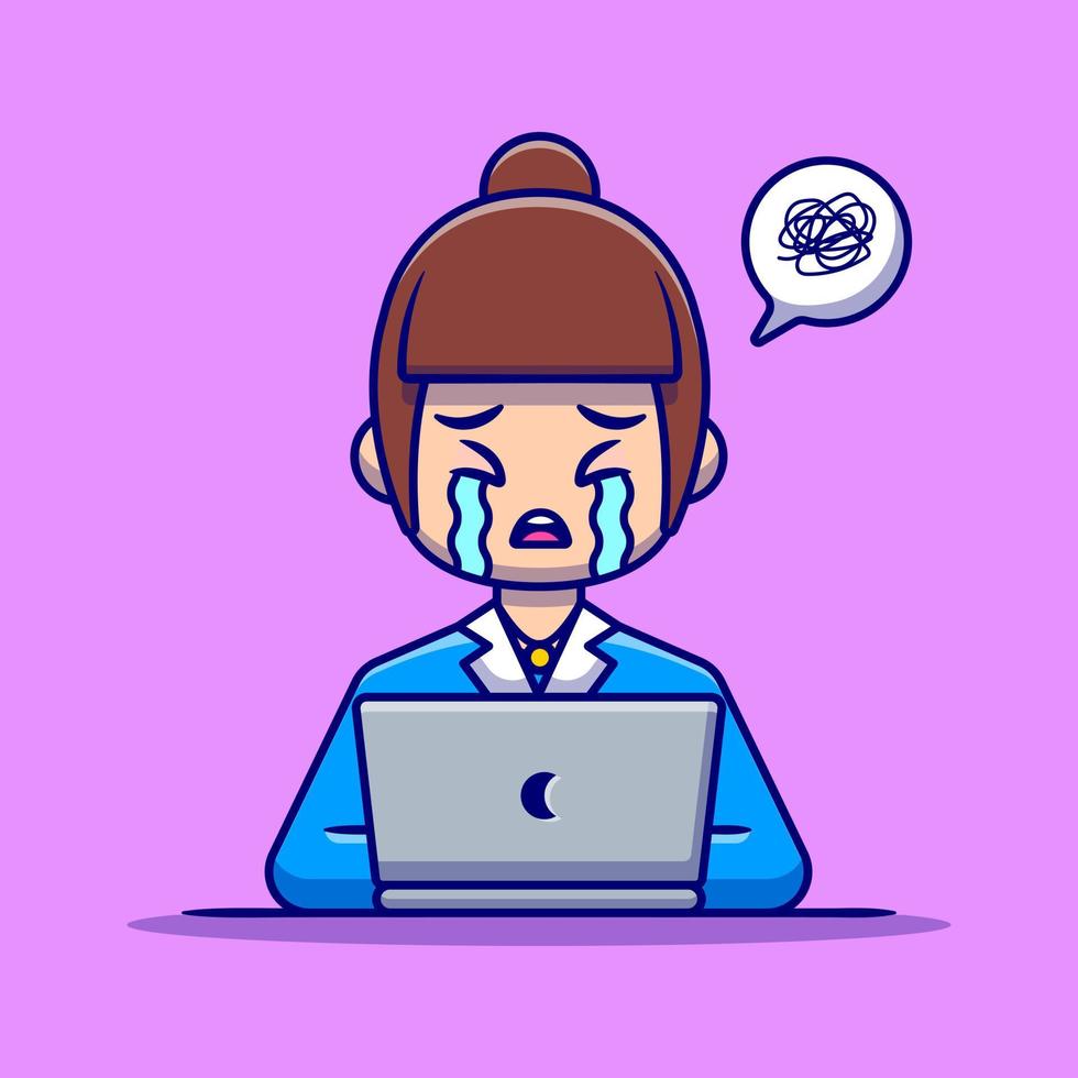 mujer empleada llorando con ilustración de icono de vector de dibujos animados portátil. concepto de icono de tecnología de personas vector premium aislado. estilo de dibujos animados plana