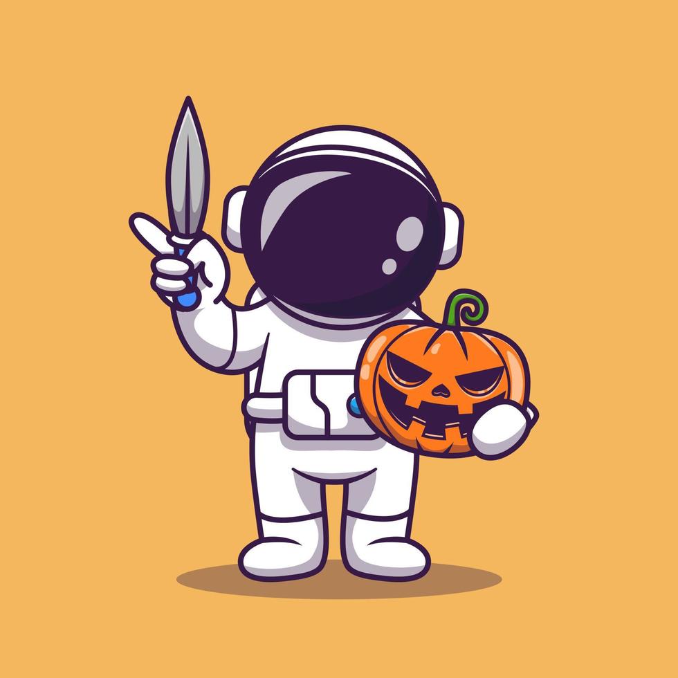 lindo astronauta sosteniendo un cuchillo y una ilustración de icono de vector de dibujos animados de calabaza. concepto de icono de vacaciones de ciencia vector premium aislado. estilo de dibujos animados plana