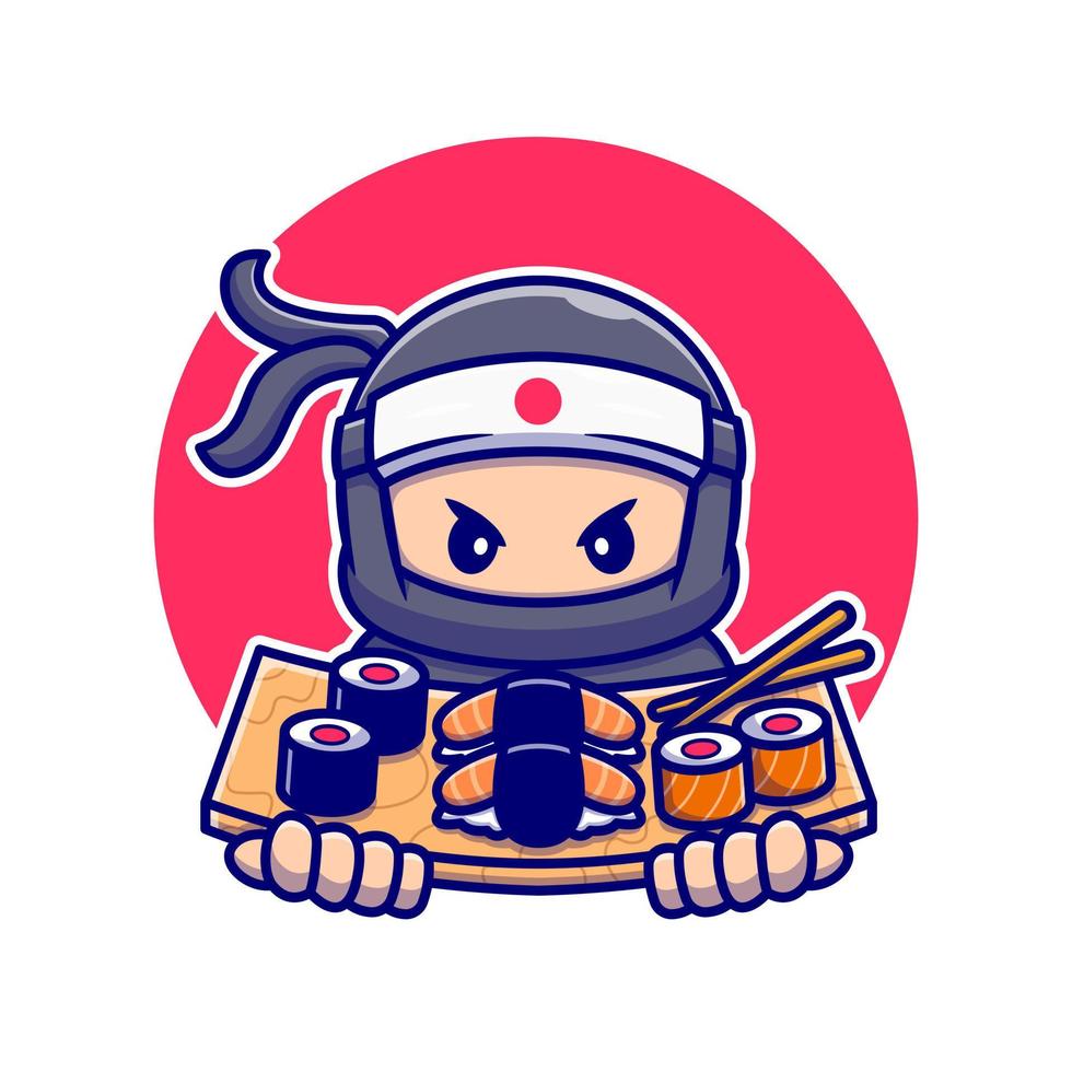 Cute Ninja With Sushi Cartoon Vector Icon Illustration. People Food Icon Concept Isolated Premium Vector. Flat Cartoon Style