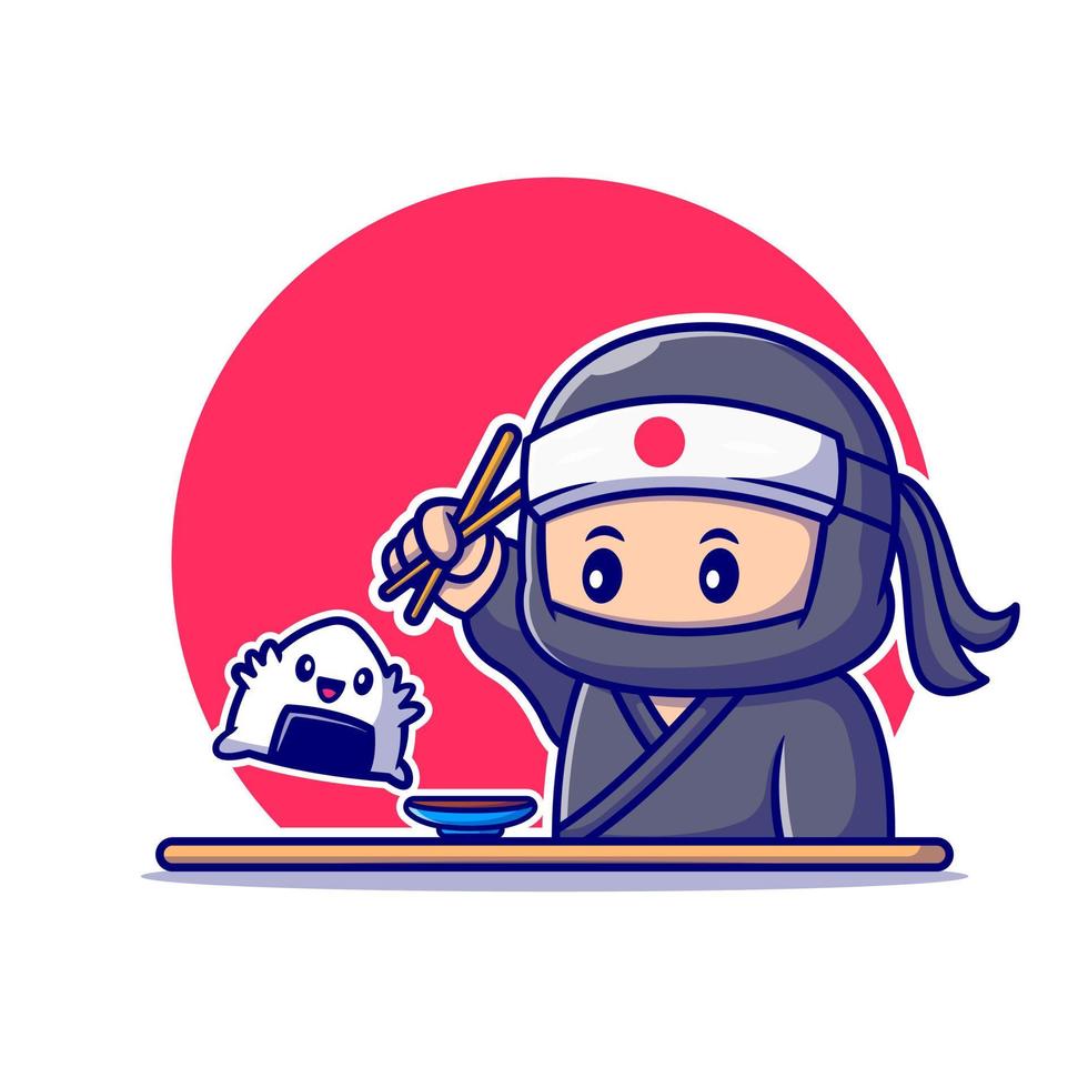 lindo ninja comiendo onigiri con ilustración de icono de vector de dibujos animados de palillos. concepto de icono de comida de personas vector premium aislado. estilo de dibujos animados plana