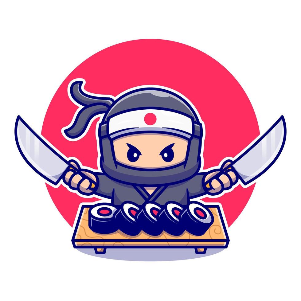 lindo ninja sosteniendo un cuchillo con la ilustración del icono del vector de dibujos animados de sushi. concepto de icono de comida de personas vector premium aislado. estilo de dibujos animados plana