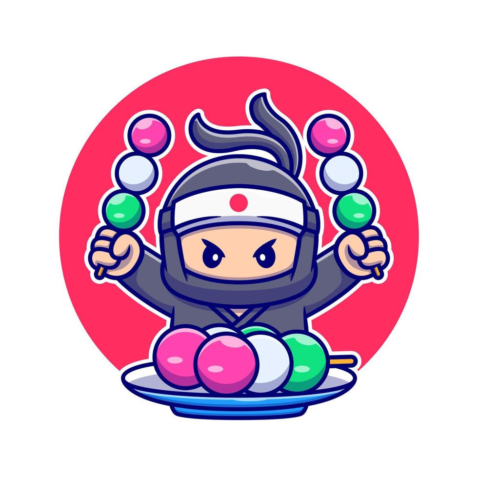 Cute Ninja Eating Dango Cartoon Vector Icon Illustration. People Food Icon Concept Isolated Premium Vector. Flat Cartoon Style