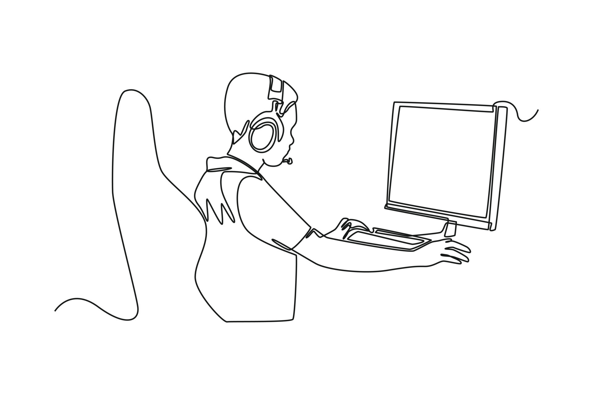 A young man with headset looking at monitor computer. Continuous one line  drawing of a gamer playing games with computer monitor, headphone, mouse,  and keyboard. Sparring game online concept 2099823 Vector Art