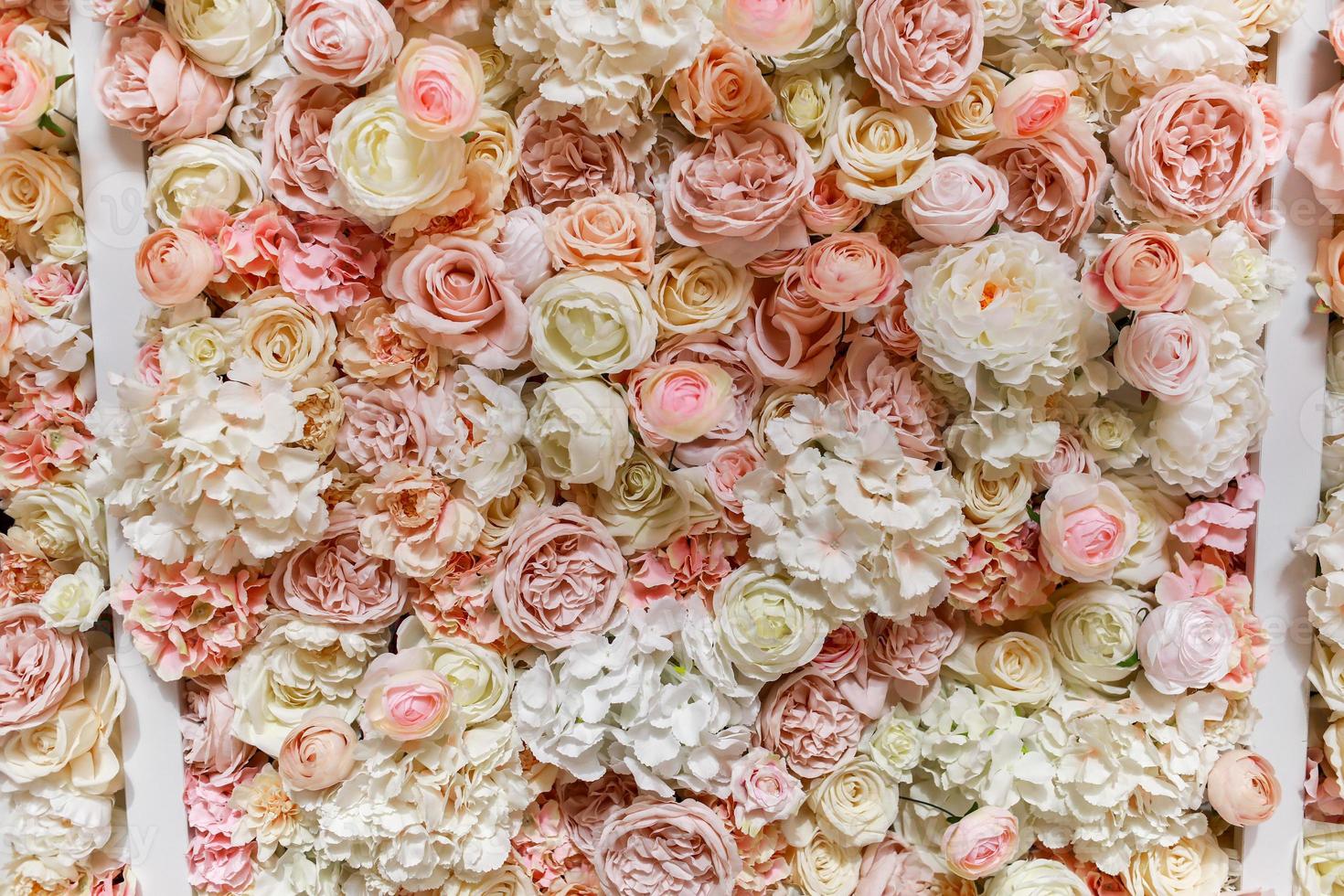 Flowers wall background with amazing pink and white roses, peonies and hydrangeas, wedding decorations, handmade. photo