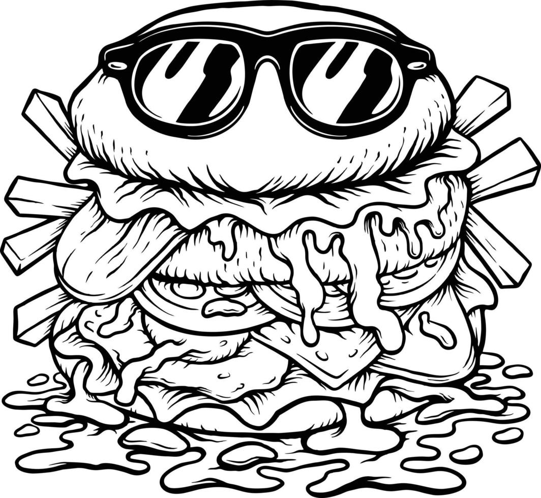 logotipo de dibujos animados de hamburguesas frescas ilustraciones monocromáticas vectoriales para el logotipo de su trabajo, camisetas de mercadería, pegatinas y diseños de etiquetas, afiches, tarjetas de felicitación que anuncian empresas comerciales o marcas vector