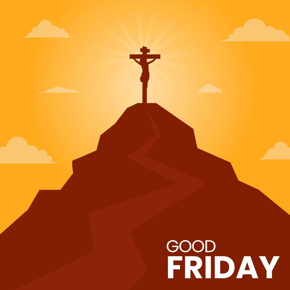 Silhouette Crucifixion of Jesus Christ on Calvary Mountain with sunset behind. Good friday background. Chistian holy week concept design. Vector art illustration.