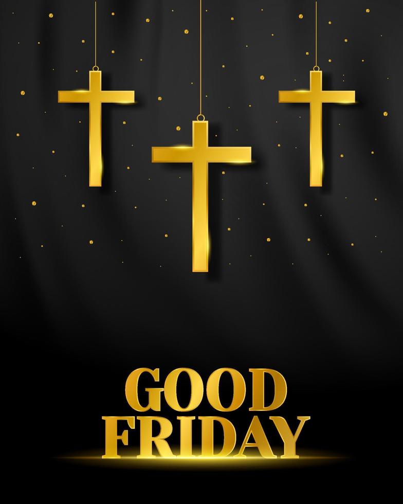 fondo de viernes santo con tres cruces de oro. textura de tela de seda, cortina satinada brillante con ondas y cortinas. diseño de concepto de semana santa cristiana. ilustración de arte vectorial. vector