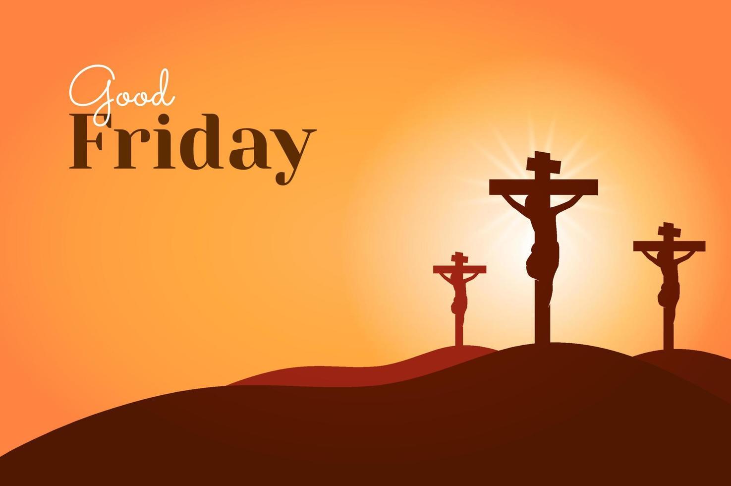 Good Friday background with three crosses on the mountain. Christian holy week concept design. Good for banner, greeting card, template, poster. Vector art illustration.