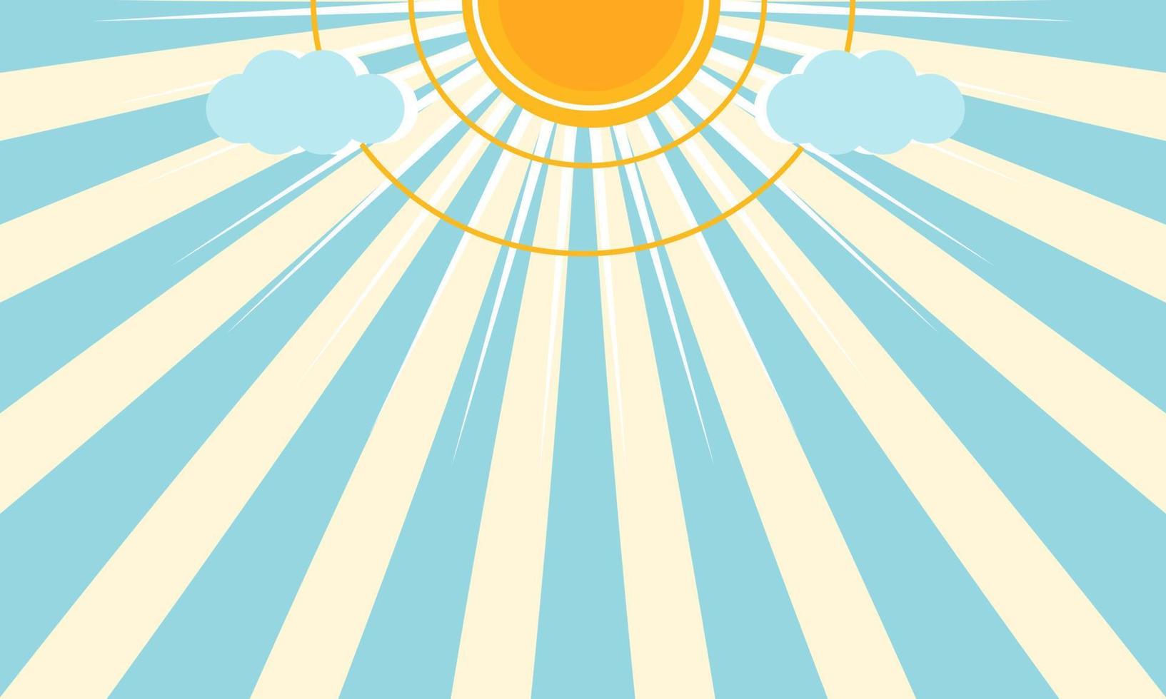 Sunshine background with sun and clounds, flat vector illustration.