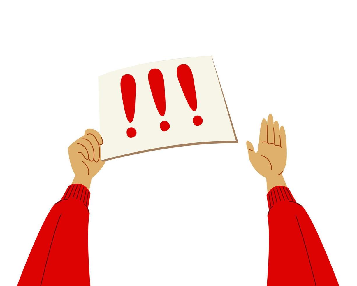 Raised hands with stop placard protest sign or poster, deminstration flat vector illustration in red colors