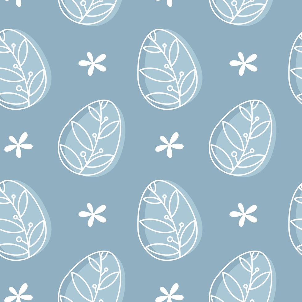 Easter eggs seamless pattern. White outline leaf ornament eggs and flowers on pastel blue background. Doodle style vector illustration.