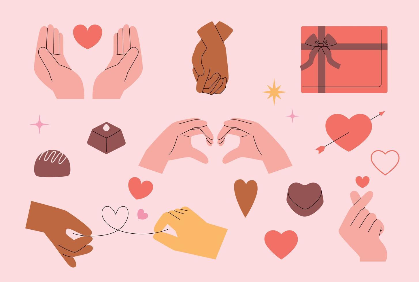 Valentines day. A collection of hand gestures expressing love and couples, chocolates, hearts, and gifts. vector