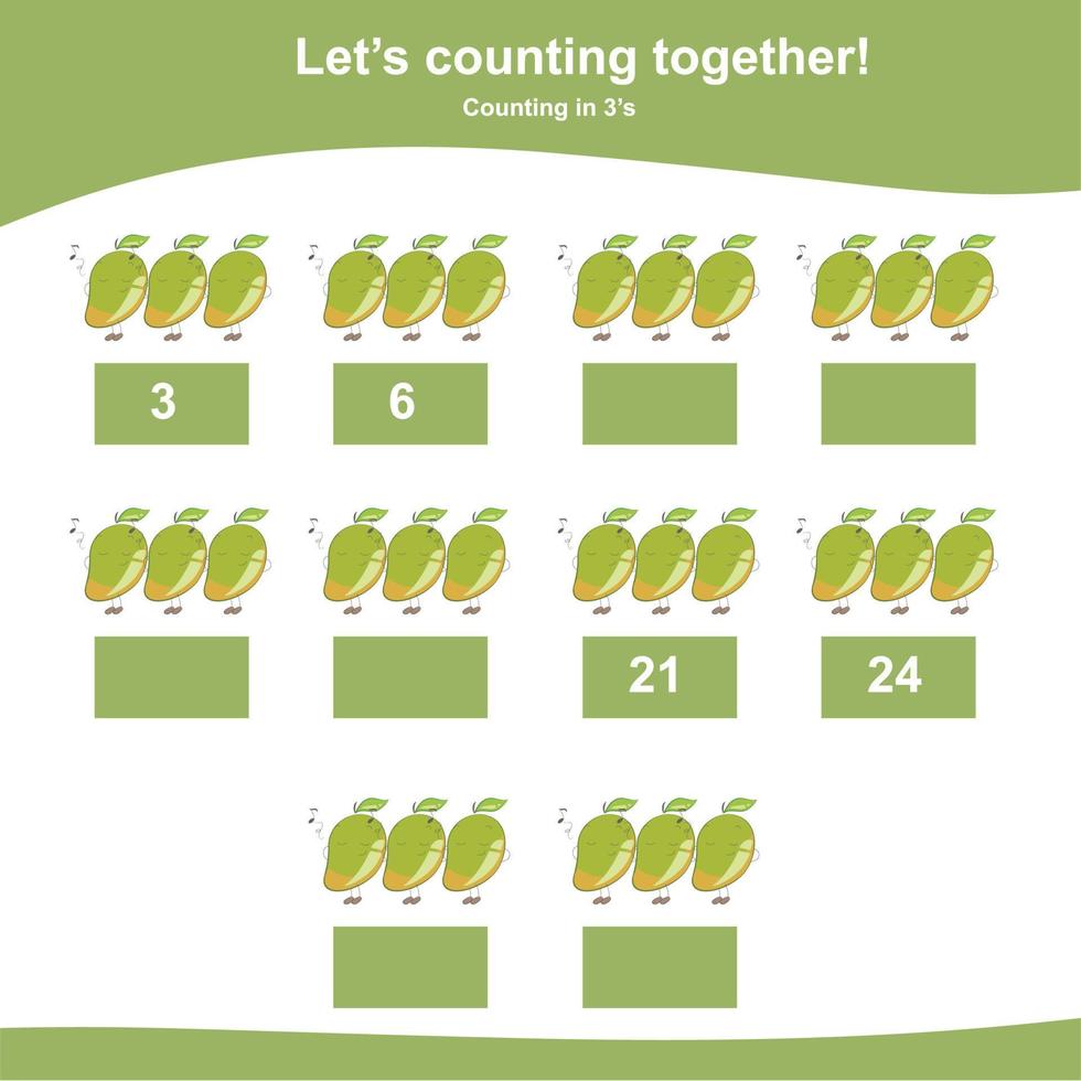 Mathematic counting worksheet. Math activity, count and write the missing numbers, math multiples. Educational printable math worksheet for children. Vector File.