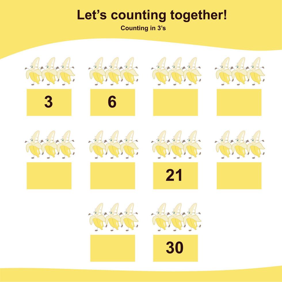 Mathematic counting worksheet. Math activity, count and write the missing numbers, math multiples. Educational printable math worksheet for children. Vector File.