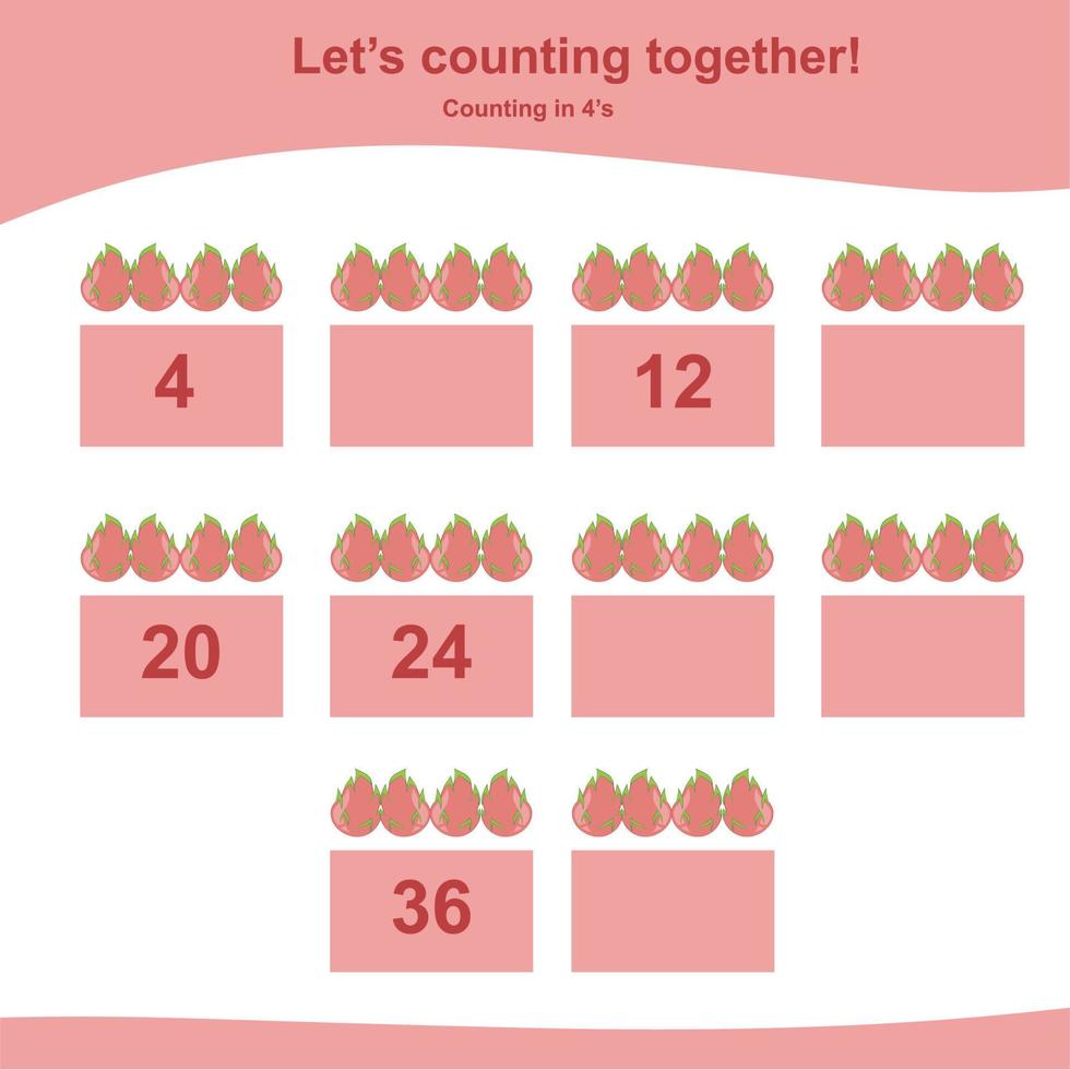Mathematic counting worksheet. Math activity, count and write the missing numbers, math multiples. Educational printable math worksheet for children. Vector File.