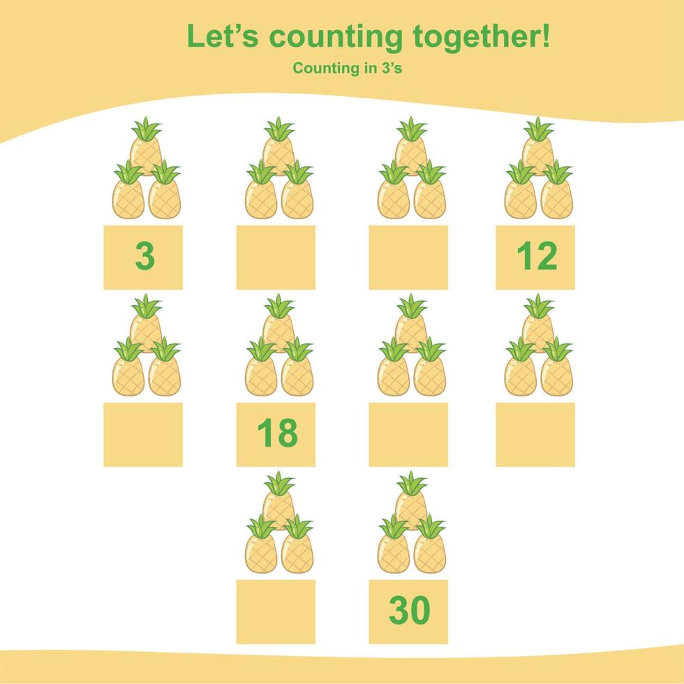 Mathematic counting worksheet. Math activity, count and write the missing numbers, math multiples. Educational printable math worksheet for children. Vector File.