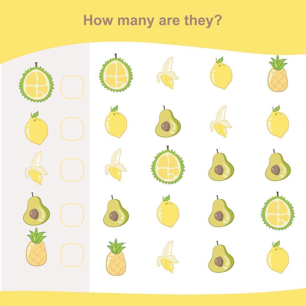Counting worksheet. Educational printable math worksheet. Count the fruits in the picture and write the result. Vector file.