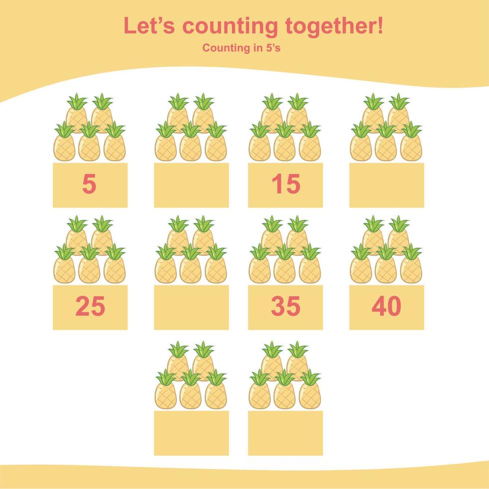 Mathematic counting worksheet. Math activity, count and write the missing numbers, math multiples. Educational printable math worksheet for children. Vector File.