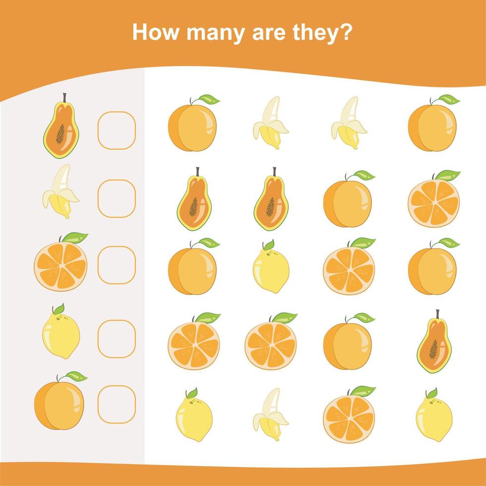 Counting worksheet. Educational printable math worksheet. Count the fruits in the picture and write the result. Vector file.