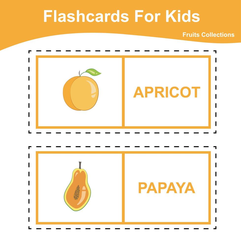 Vector set of fruit collections flashcard. Educational printable flashcards. Vector poster for Preschool Education.