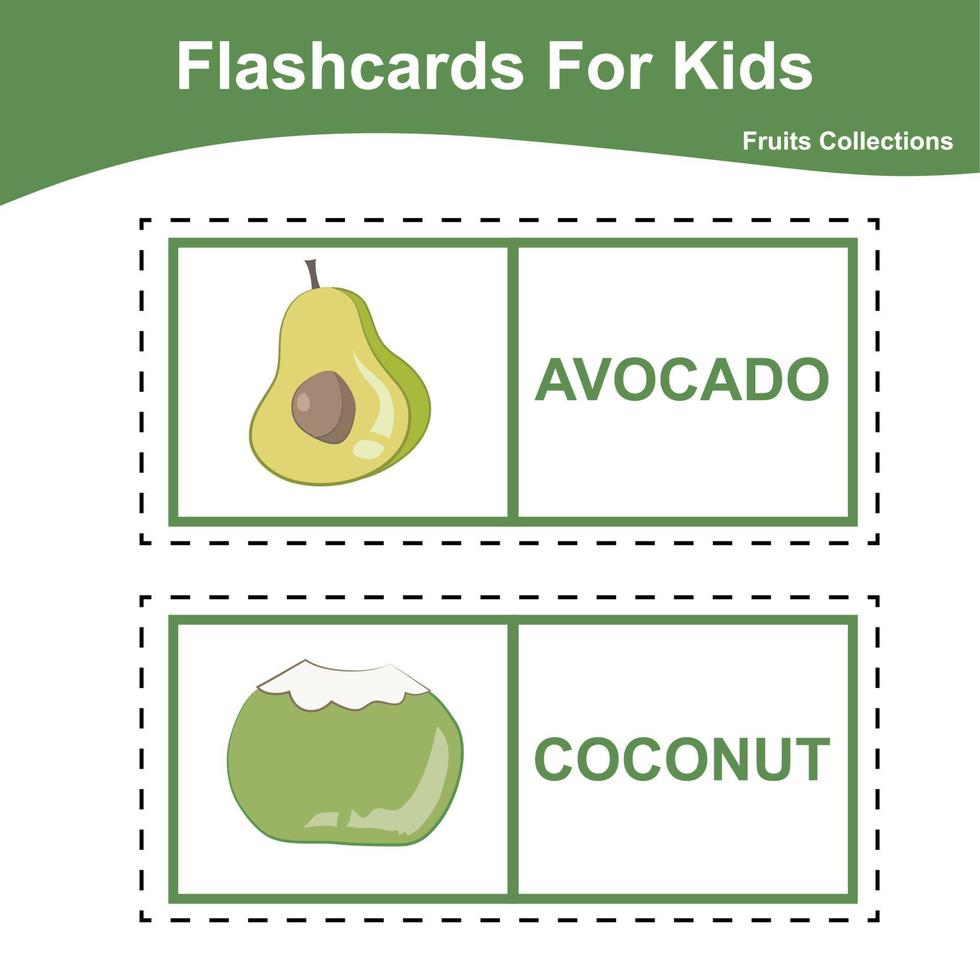conjunto vectorial de tarjetas flash de colecciones de frutas. tarjetas didácticas imprimibles. cartel de vector para la educación preescolar.