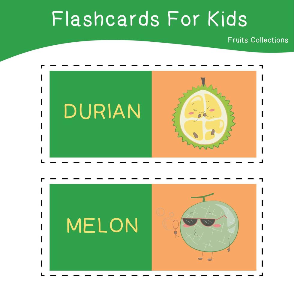 Vector set of fruit collections flashcard. Educational printable flashcards. Vector poster for Preschool Education.