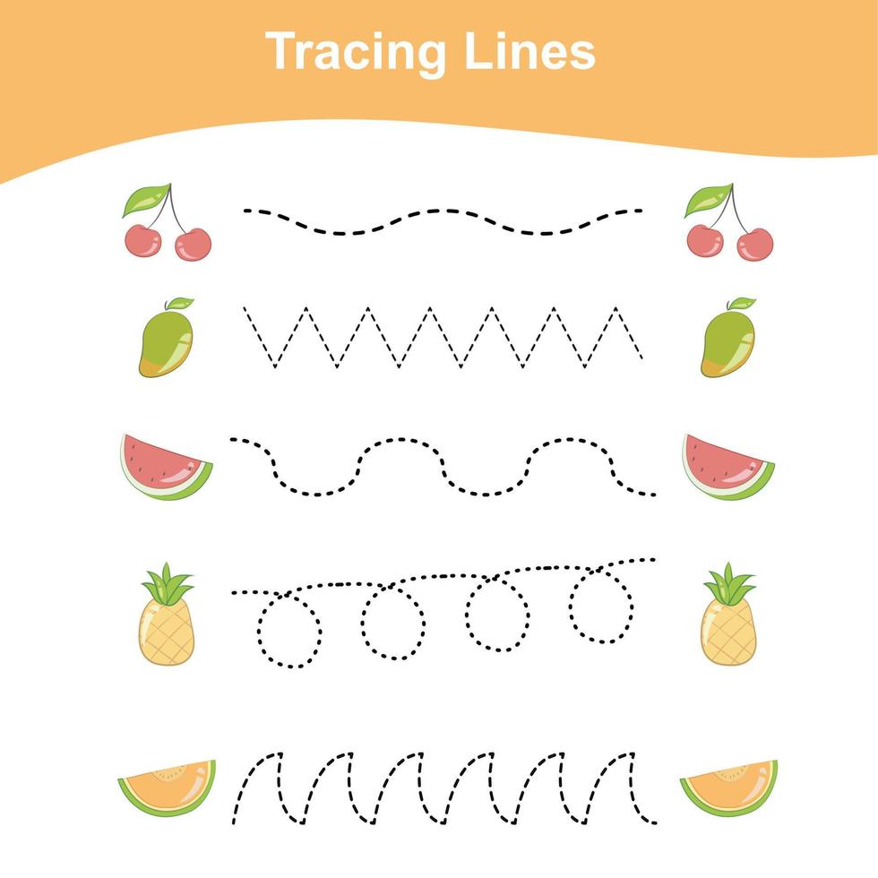 Tracing Lines Game Fruits Edition. Educational worksheet for children. Worksheet activity for preschool kids. Vector illustration.