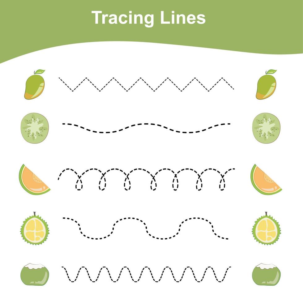 Tracing Lines Game Fruits Edition. Educational worksheet for children. Worksheet activity for preschool kids. Vector illustration.