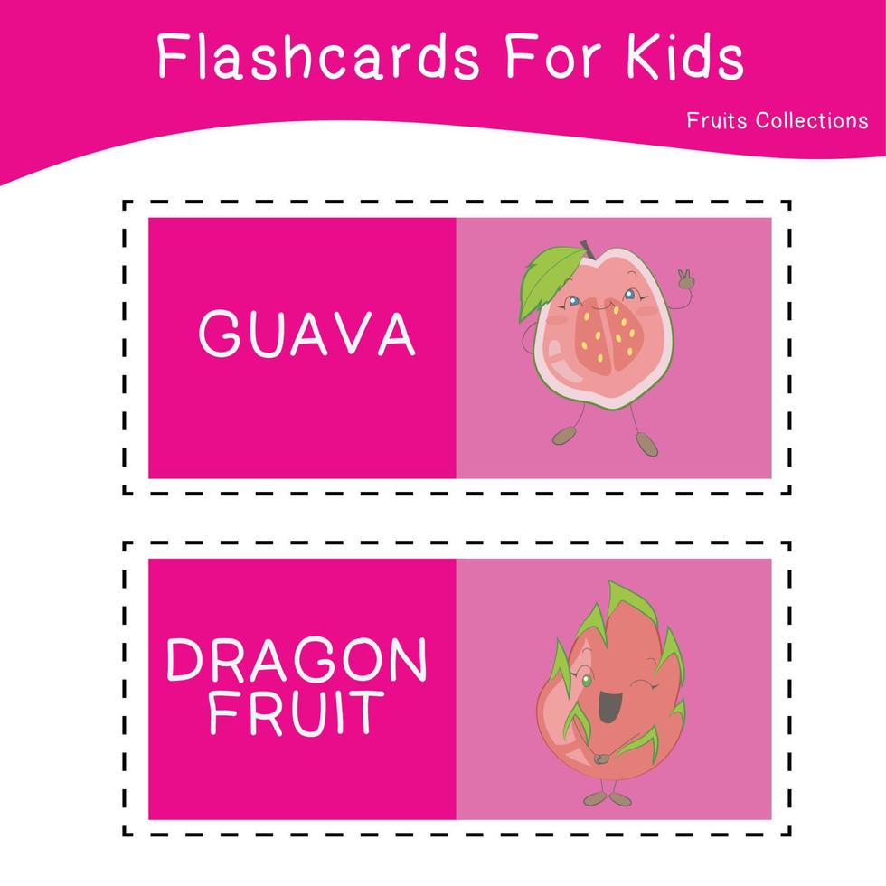 Vector set of fruit collections flashcard. Educational printable flashcards. Vector poster for Preschool Education.