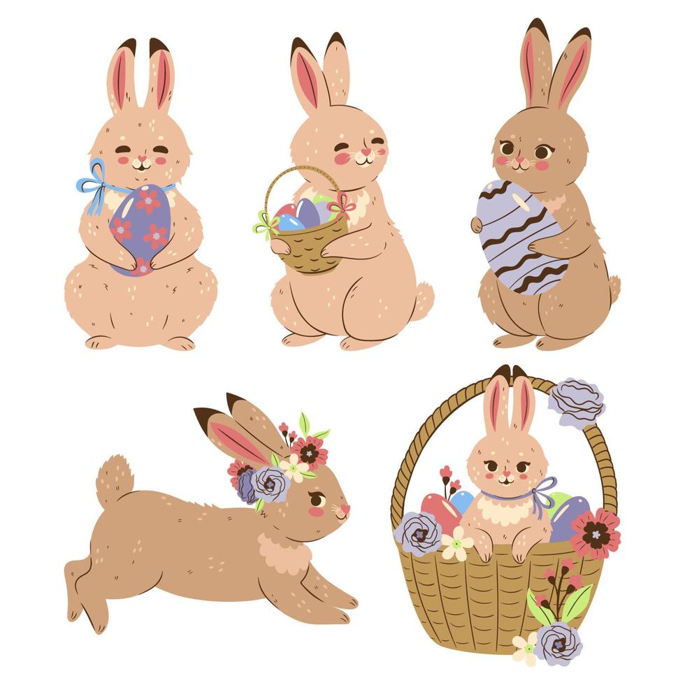 conjunto de lindos conejitos de pascua aislados sobre fondo blanco. gráficos vectoriales vector