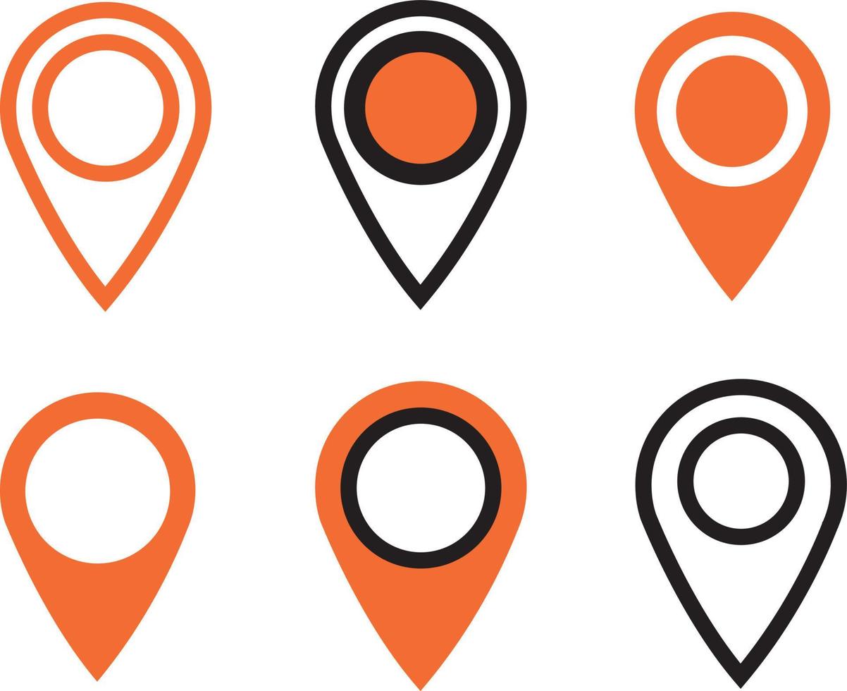 Map pin sign location icon with gray shadow in flat simple style. Four variants in two color black and orange rounded shapes isolated on white background. Vector illustration web design element 8 EPS