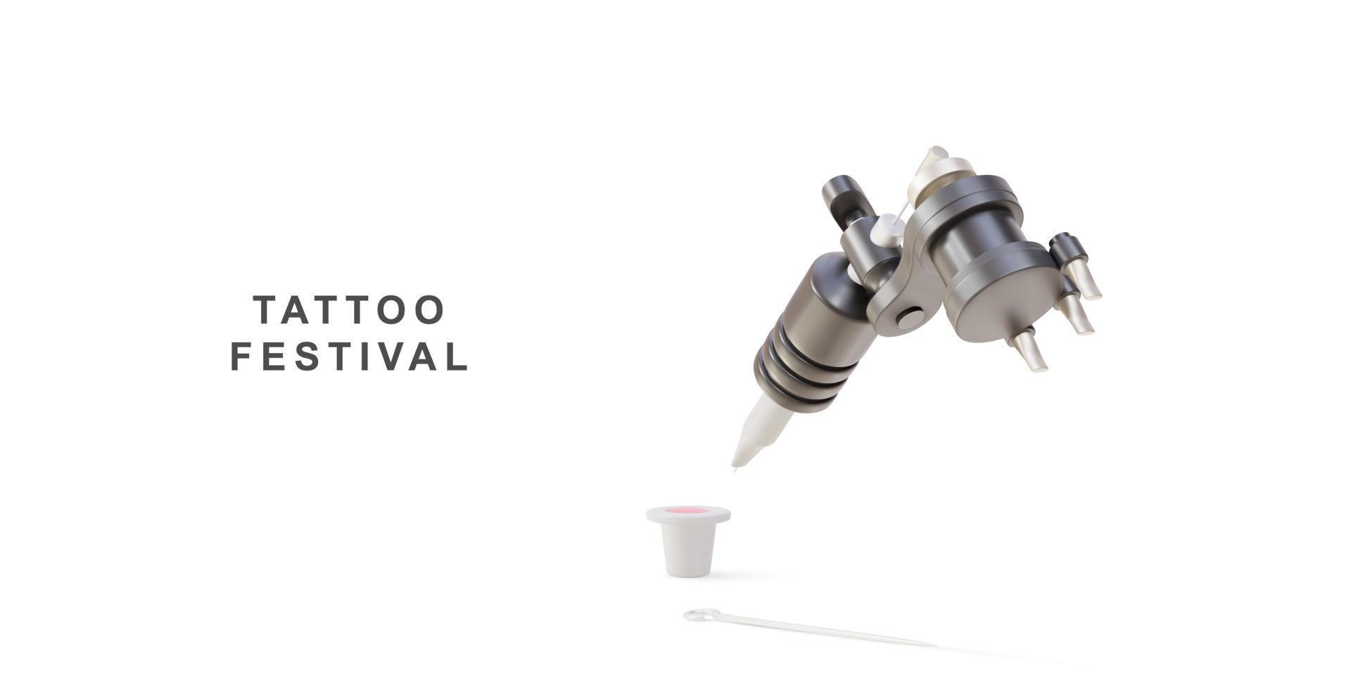 máquina de tatuaje del cartel del festival del tatuaje 3d, agujas del tatuaje y tarro plástico del tatuaje. ilustración vectorial vector